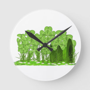 Leprechaun's Top Hat Lying in Field of Shamrocks Round Clock