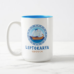 Leptokarya, Greece Greek Ship Design Two-Tone Coffee Mug