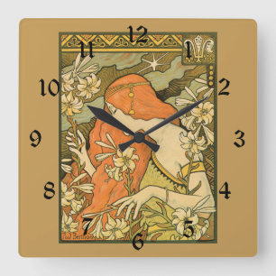 L'Ermitage French Nouveau Woman in Field of Flower Square Wall Clock