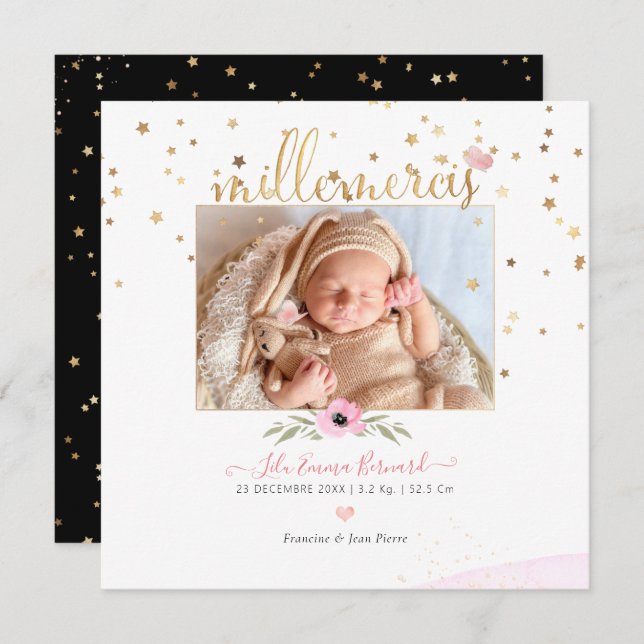 Les etoiles d'or Remerciement Naissance Fille Invitation (Front/Back)