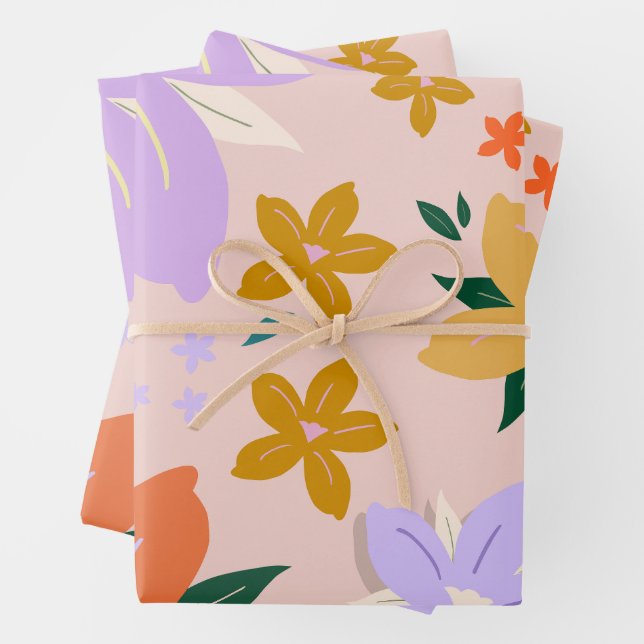 Les Fleurs 04 Retro Colourful Floral Wrapping Paper Sheet (In situ)