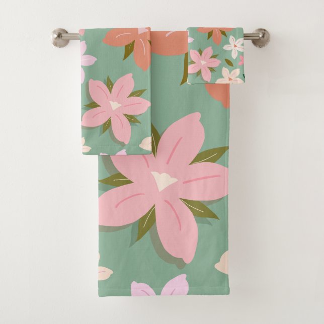 Les Fleurs 07 Abstract Flowers Green Blush Floral Bath Towel Set (Insitu)