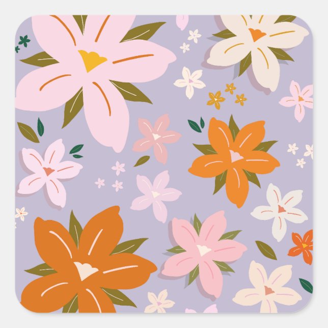 Les Fleurs 08 Retro Flowers Purple Floral Square Sticker (Front)