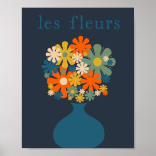 Les Fleurs Cheerful Retro Flowers in Vase Blue Poster