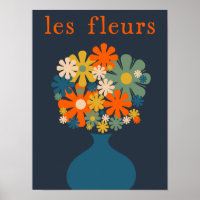 Les Fleurs Cute Retro Flowers in Vase Blue Orange
