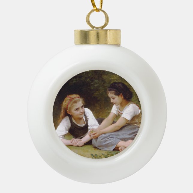 Les Noisettes: Young Girls Collecting Hazelnuts Ceramic Ball Christmas Ornament (Front)