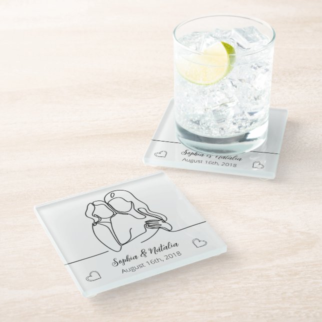 Lesbian Anniversary Elegant Personalised Line Art Glass Coaster (Angled)