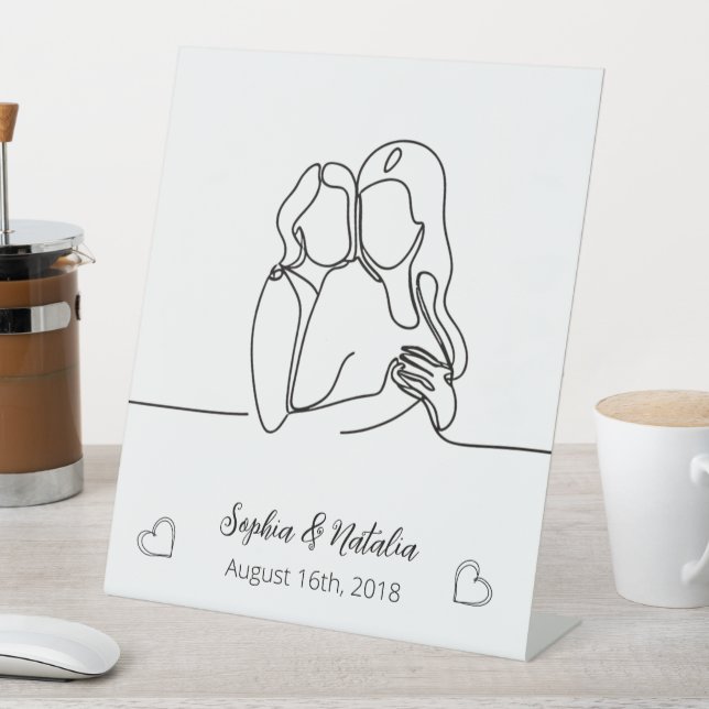 Lesbian Anniversary Elegant Personalised Line Art Pedestal Sign (In SItu)
