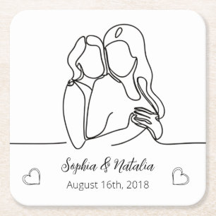 Lesbian Anniversary Elegant Personalized Line Art Square Paper Coaster