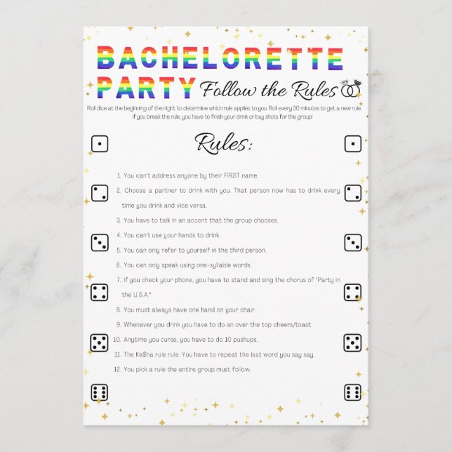Lesbian Bachelorette Party Game, Follow the Rules Invitation (Front)