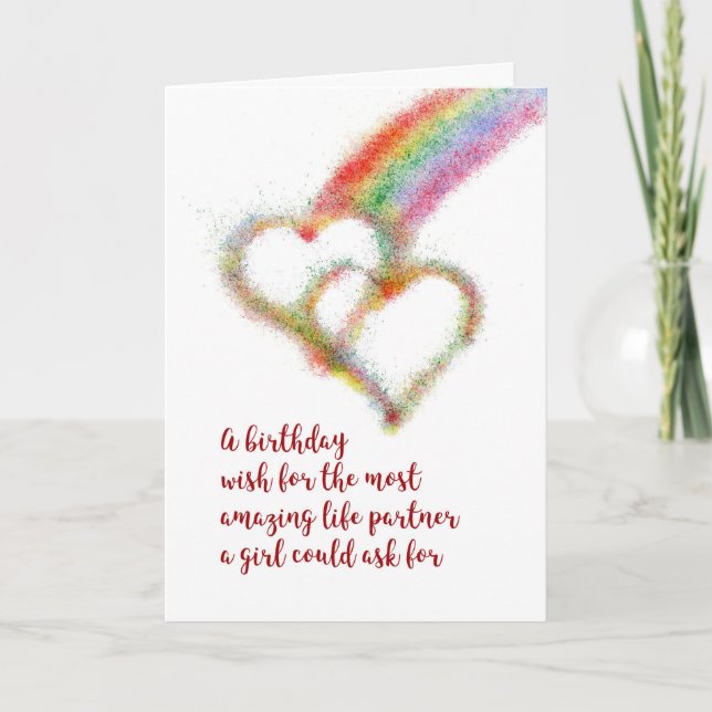 Lesbian Birthday Wish for Life Partner, Rainbow Card (Front)