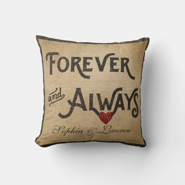 Lesbian Burlap Forever Always Heart Personalised Cushion (Front)