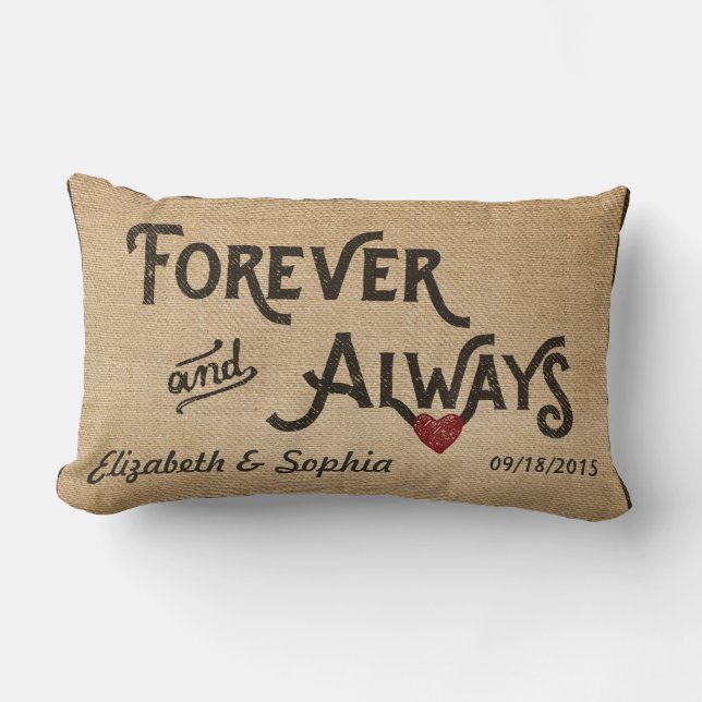Lesbian Burlap Forever Always Heart Personalised Lumbar Cushion (Front)
