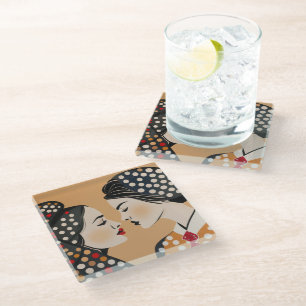 Lesbian Couple and Abstract Dots Glass Coaster