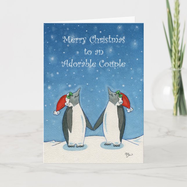 Lesbian Couple Christmas Cute Penguins Snowflakes Card (Front)
