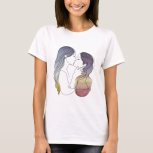 Lesbian Couple in Love Minimalistic Line Art T-Shirt