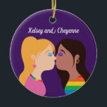 Lesbian Couple Kiss Cute Custom Gay Pride Purple Ceramic Ornament<br><div class="desc">Romantic LGBT Christmas ornament featuring two pretty girls kissing. This cute drawing features a cute blonde woman and a beautiful brunette female in a rainbow shirt. Customise this purple LGBTQ gift with your own custom text.</div>