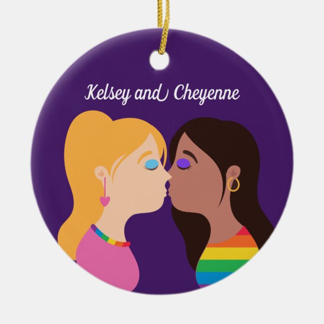 Lesbian Couple Kiss Cute Custom Gay Pride Purple Ceramic Ornament (Front)