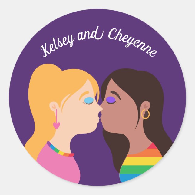 Lesbian Couple Kiss Cute Custom Gay Pride Purple Classic Round Sticker (Front)