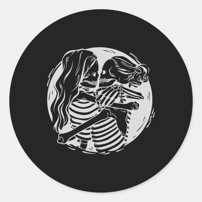 Lesbian Couple Lgbtq Pride Skeletons Kissing Valen Classic Round Sticker (Front)