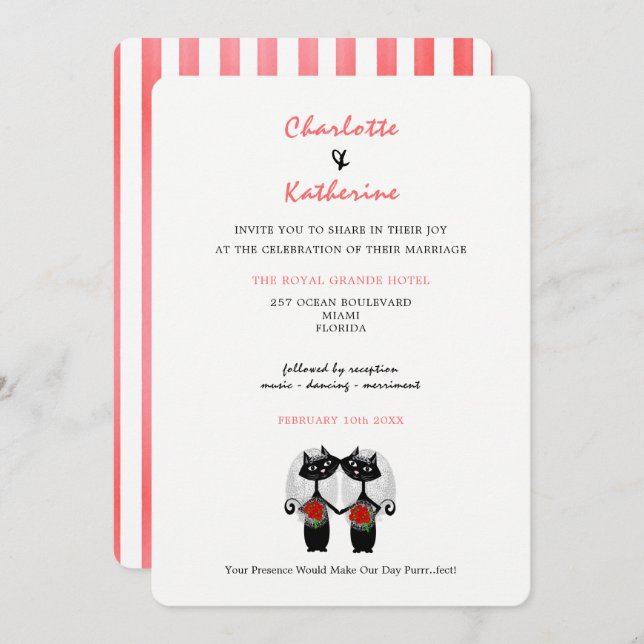 Lesbian Couple LGBTQ Wedding Cute Cats Invitation (Front/Back)