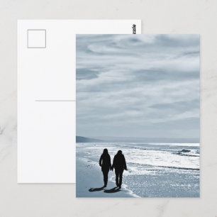 Lesbian Couple Walks Side by Side on a Sandy Beach Postcard