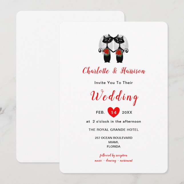 Lesbian Cute Whimsy Black Cats Wedding Invitation (Front/Back)