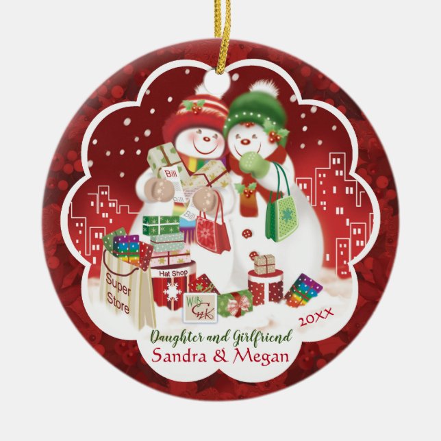 Lesbian, Daughter and Girlfriend, Cute Snow women, Ceramic Ornament (Front)