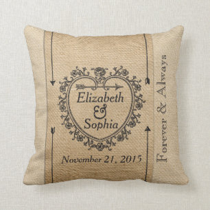 Lesbian Fancy Burlap Anniversary Date Heart Cushion