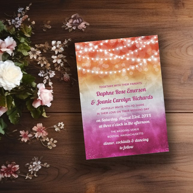 Lesbian Flag Ombre String Lights Wedding Invitation (Creator Uploaded)