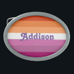 Lesbian flag with personalised name gift belt buckle<br><div class="desc">Lesbian flag with personalised name gift, belt lgbt flag, pride parade, london pride, pansexual flag, non binary, pansexuality, fashion belt, vintage wear, pansexual belts, heart symbol, pride, gay pride, gay rights, lesbian, gay pride flag, lgbt, lgbtq, lesbian flag, lesbians, lesbiana, glitter, flag, rainbow, gay, accessory, accessories, gift, sparkles, unicorn, sparkly,...</div>