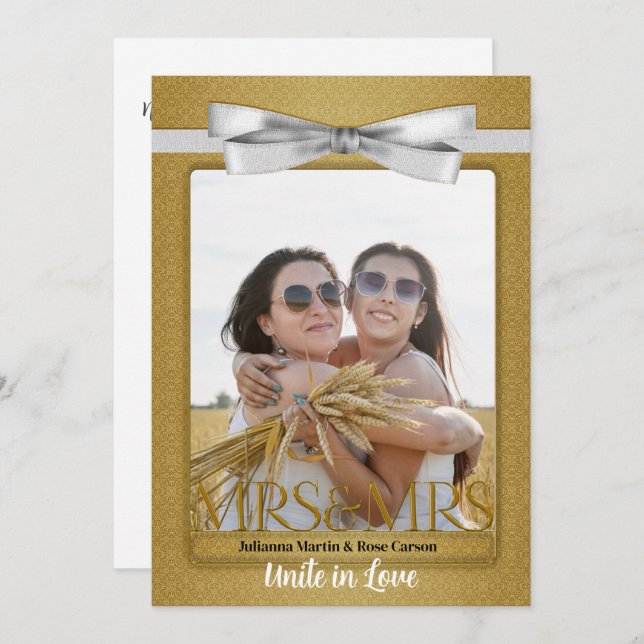 Lesbian Gay Wedding Invitation Two Brides Gold (Front/Back)