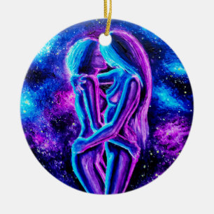 Lesbian kiss in blue and purple   ceramic ornament