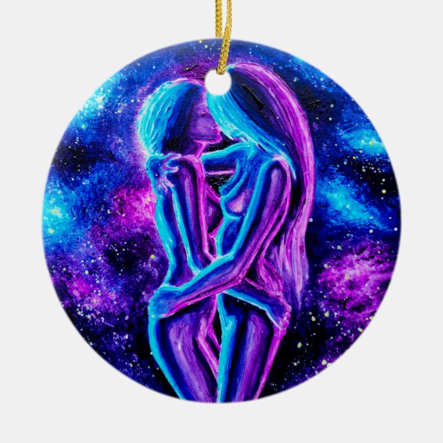 Lesbian kiss in blue and purple   ceramic ornament (Front)