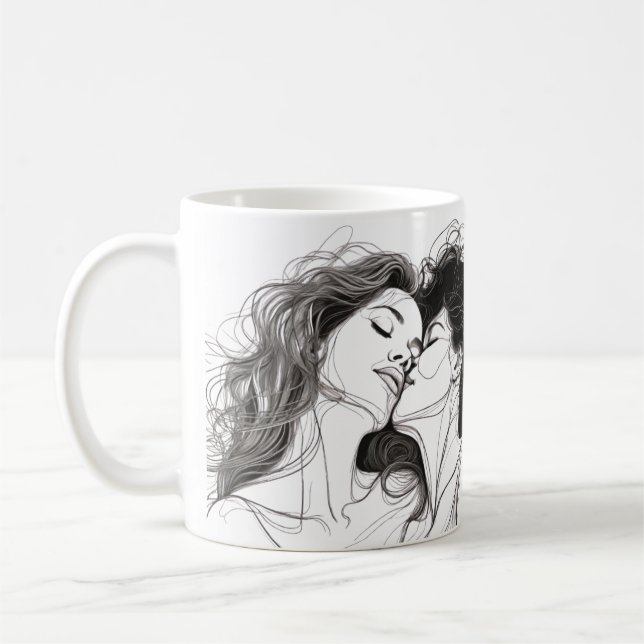 Lesbian Kiss Line Art With Lovely Couple Caption Coffee Mug (Left)