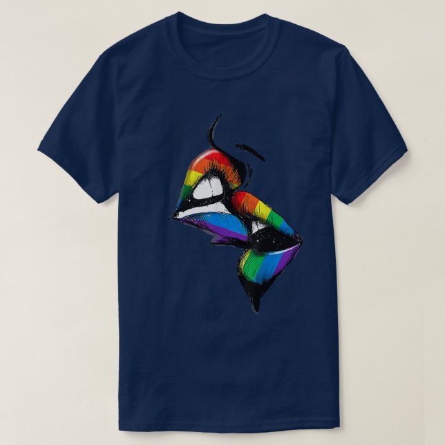 Lesbian Lips Kissing Rainbow Flag Gay Pride LGBT  T-Shirt (Design Front)