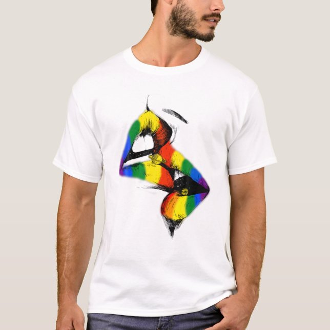 Lesbian Lips Kissing Rainbow Flag Gay Pride LGBT T-Shirt (Front)