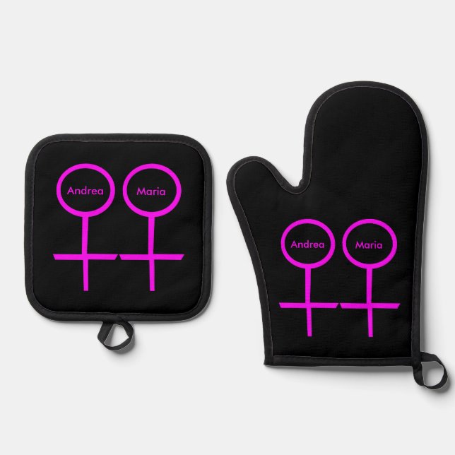 Lesbian Lovers Personalised Wedding Oven Mitt & Pot Holder Set (Front)