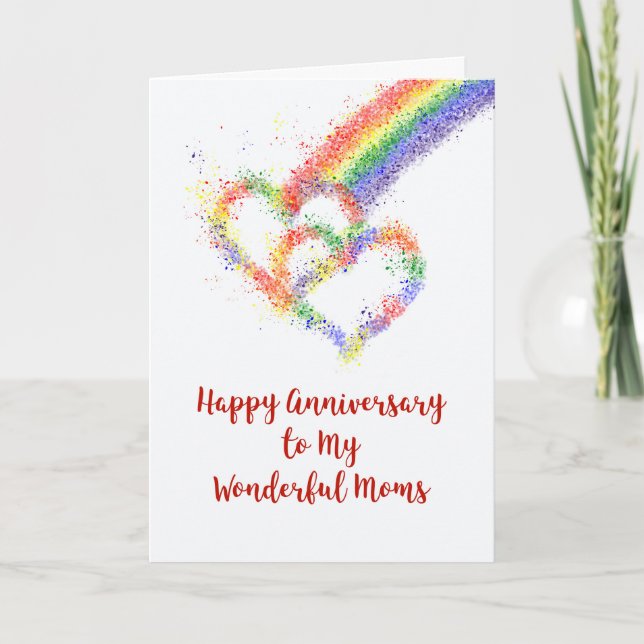 Lesbian My Moms Parents Anniversary Rainbow Hearts Card (Front)