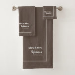 Lesbian Newlyweds Mrs & Mrs Personalised Large Bat Bath Towel Set<br><div class="desc">Stylish Mrs and Mrs personalised towel set for the newlywed brides in brown and white,  with editable script,  name and established wedding date</div>