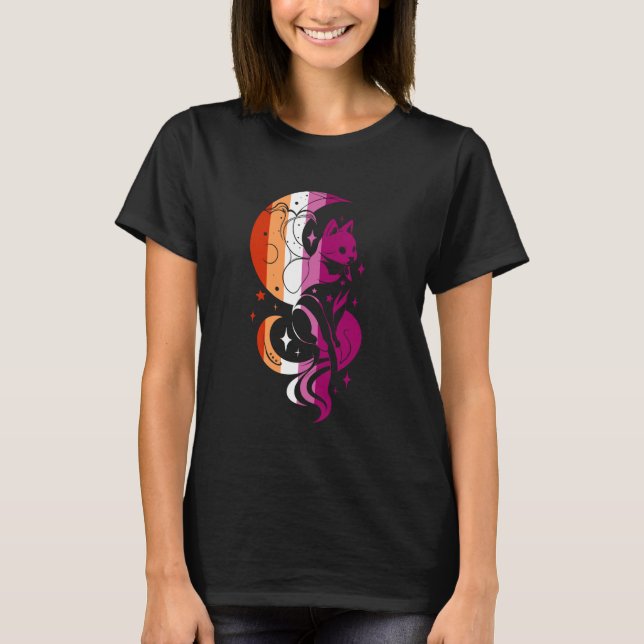 Lesbian Pride Celestial Cat Moon Mystical Design T-Shirt (Front)