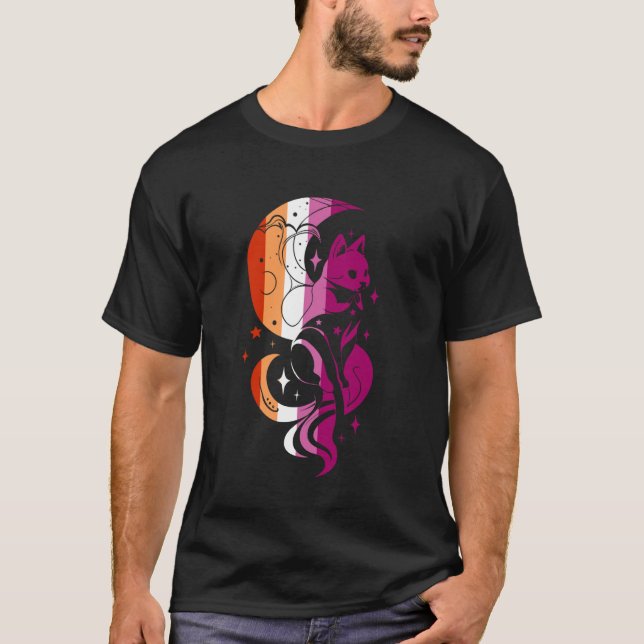 Lesbian Pride Celestial Cat Moon Mystical Design T-Shirt (Front)