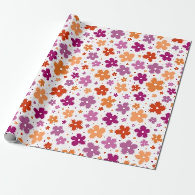 Lesbian Pride Flag Flowers Doodle Pink Red Orange Wrapping Paper (Unrolled)