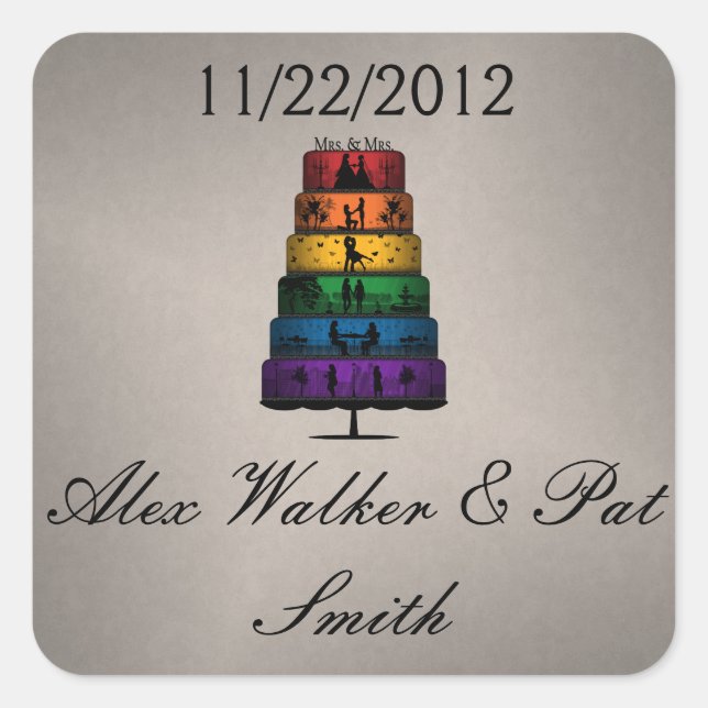 Lesbian Pride Wedding Cake with Rainbow Tiers Square Sticker (Front)