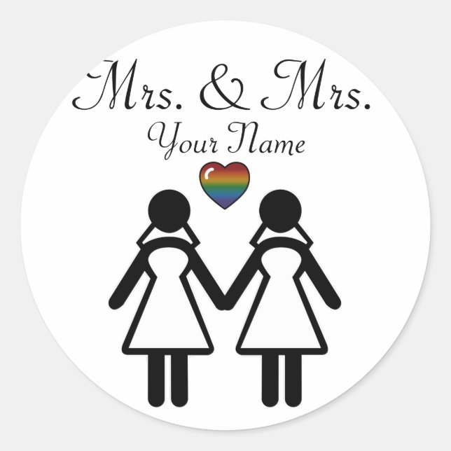 Lesbian Silhouette Brides with Rainbow Heart Classic Round Sticker (Front)