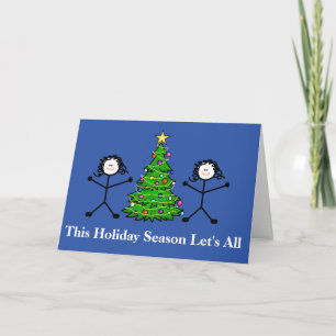 Lesbian  Stick Couple Christmas Card with Tree