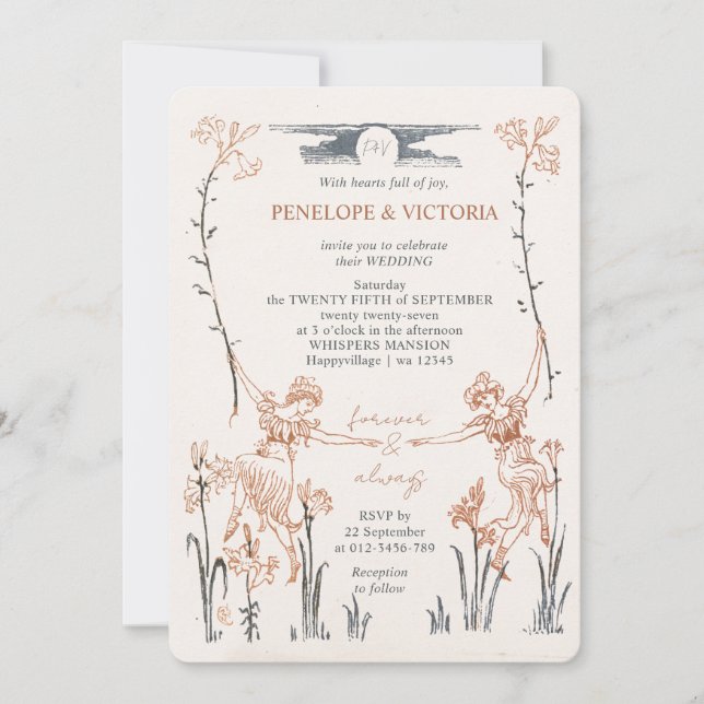 Lesbian Vintage Floral Wedding Invitation (Front)
