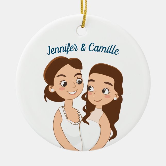 Lesbian Wedding Anniversary Custom Couple Ceramic Ornament (Front)