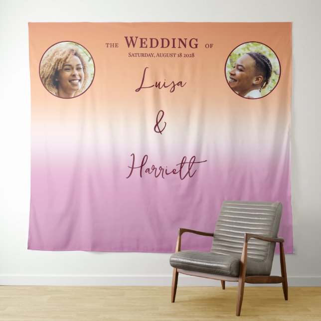 Lesbian Wedding Photo Pride Flag Gradient Backdrop Tapestry (In Situ (Horizontal))