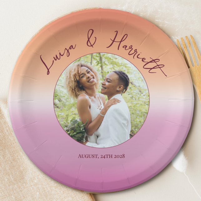 Lesbian Wedding Photo Pride Flag Gradient Party Paper Plate (Creator Uploaded)